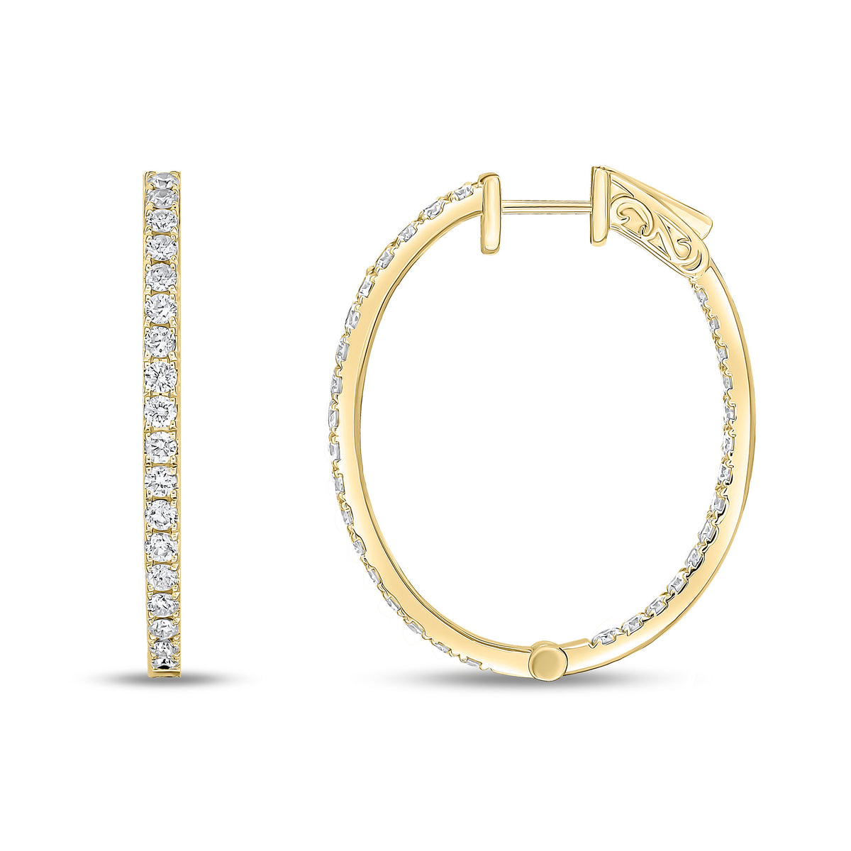 18CT YELLOW GOLD ROUND DIAMOND CLAW SET OVAL FULL HOOP EARRINGS. 2.07CT