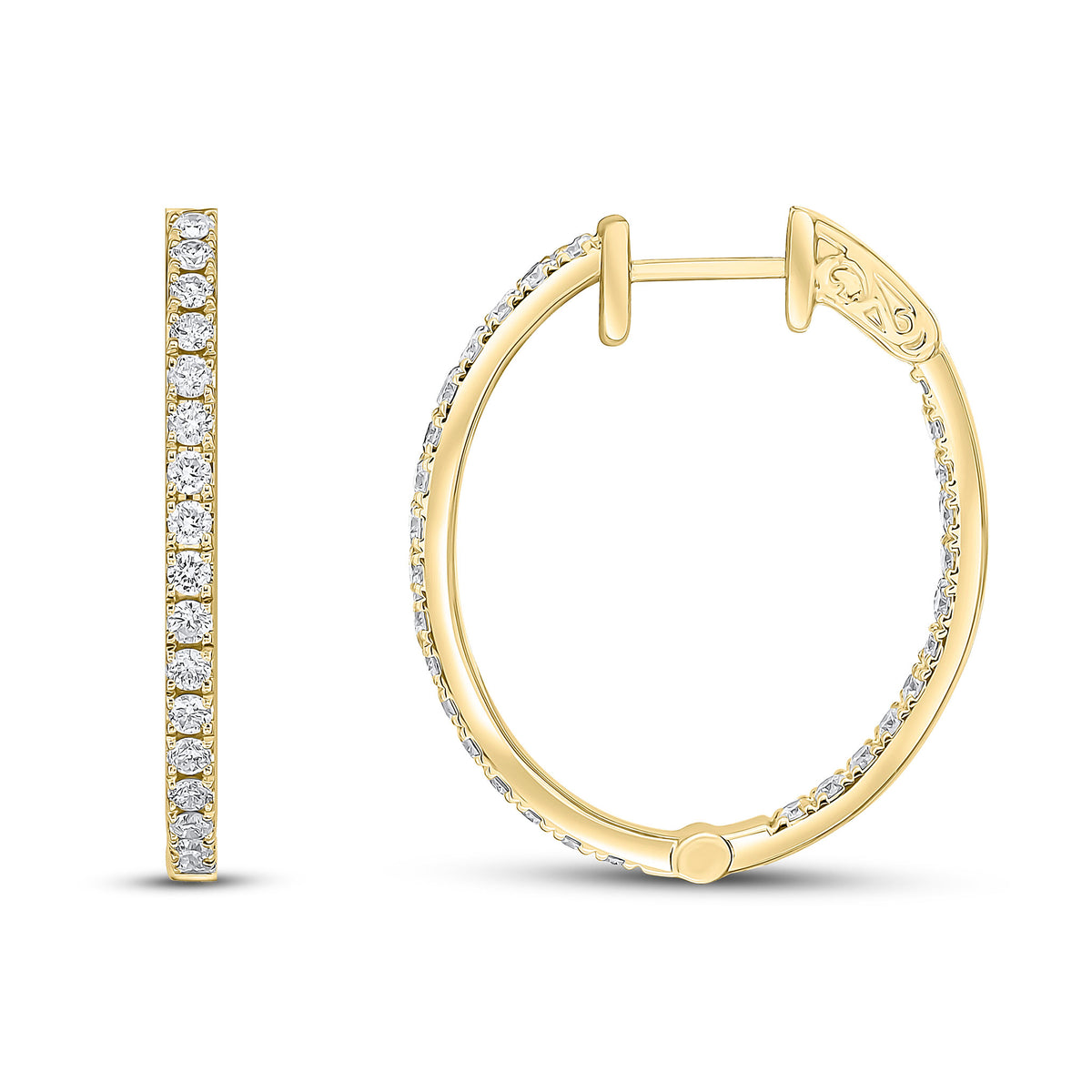 18CT YELLOW GOLD ROUND DIAMOND CLAW SET OVAL FULL HOOP EARRINGS. 1CT