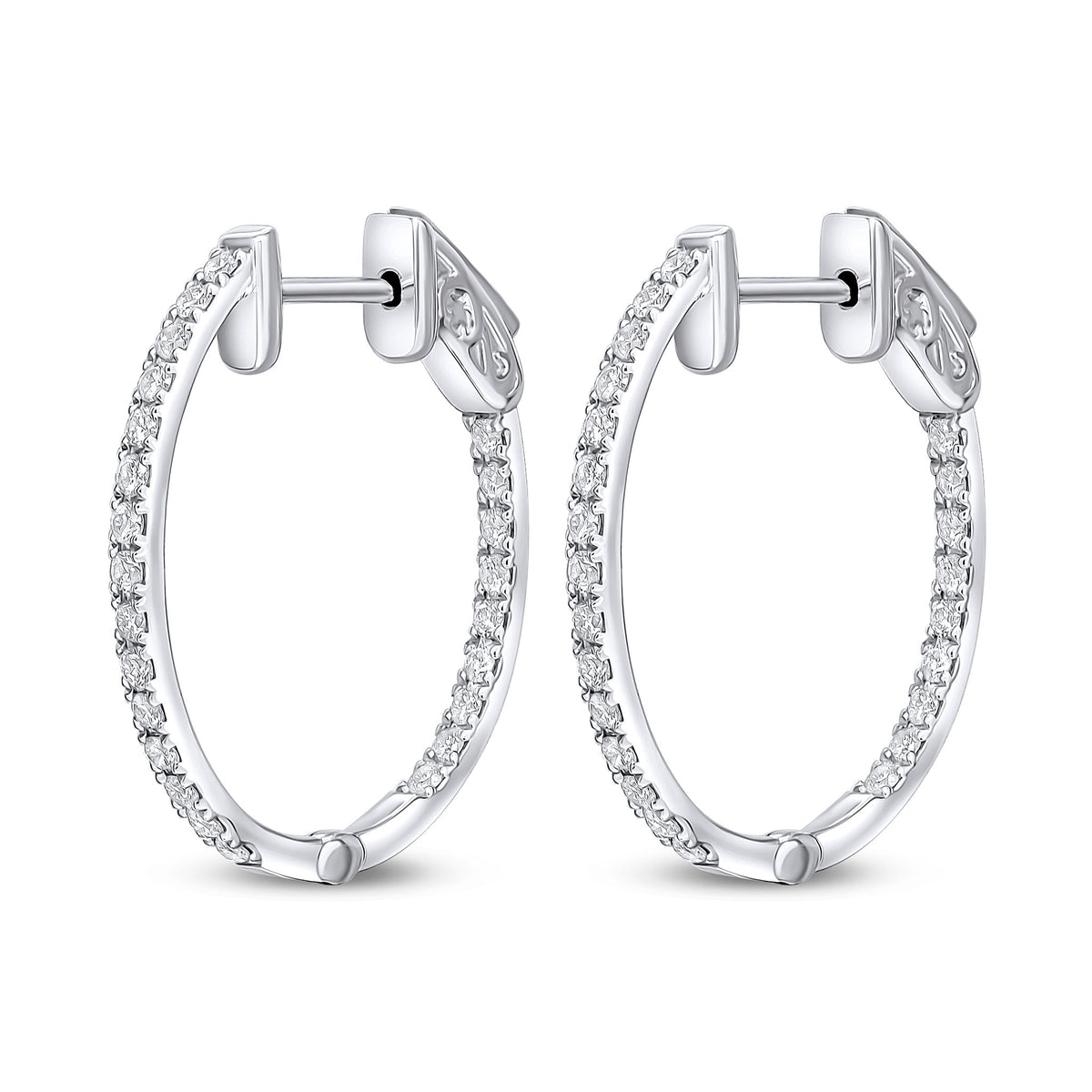18CT WG ROUND DIAMOND CLAW SET OVAL FULL HOOP EARRINGS. 0.51CT