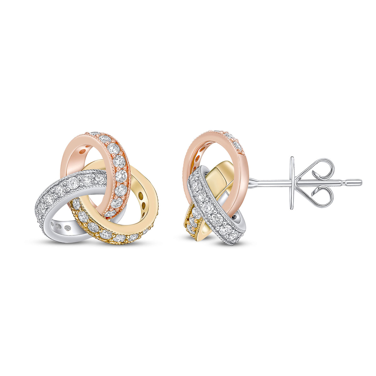 18CT YELLOW, WHITE AND ROSE GOLD ROUND DIAMOND GRAIN SET KNOT STUD EARRINGS. LARGE