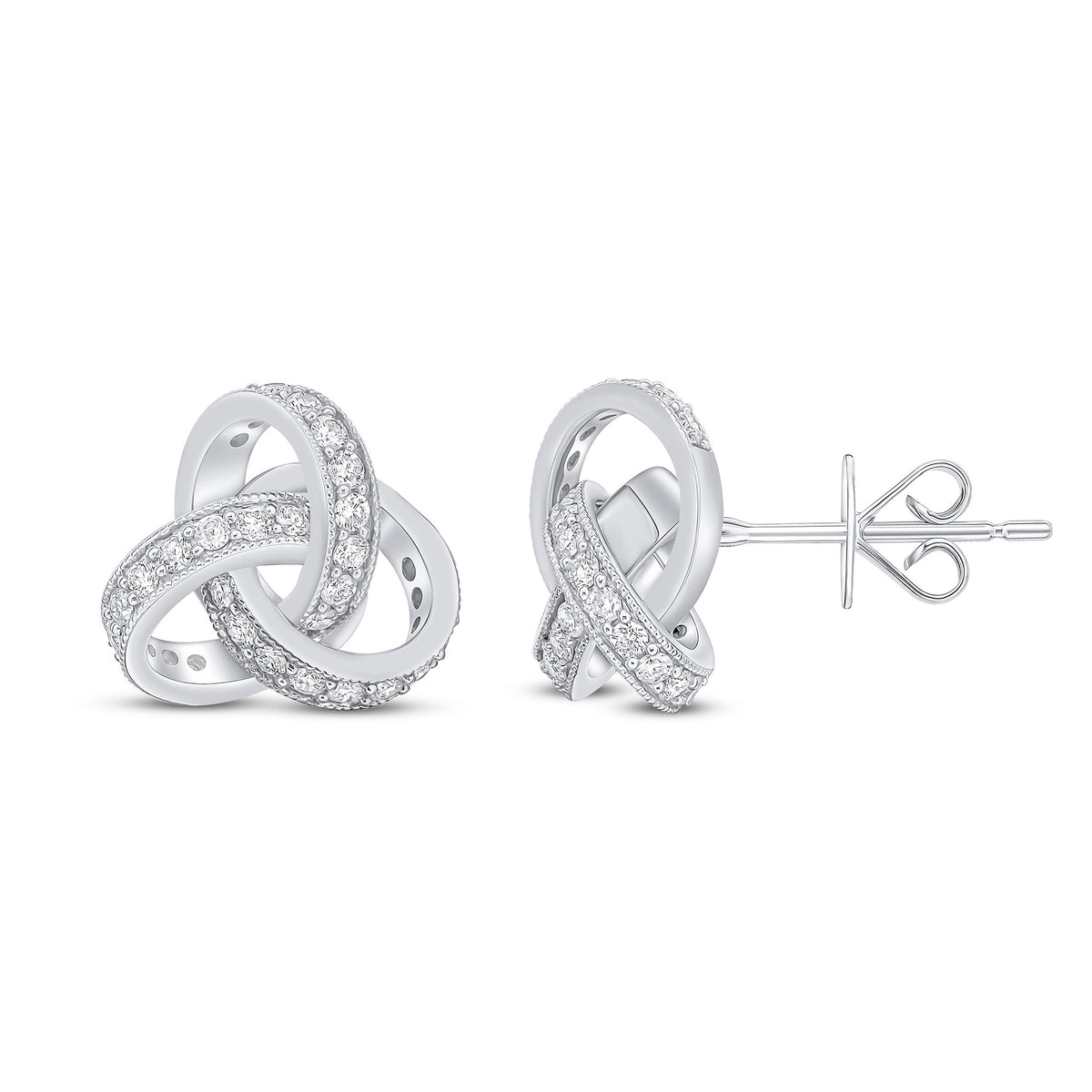 18CT WHITE GOLD ROUND DIAMOND GRAIN SET KNOT STUD EARRINGS. LARGE