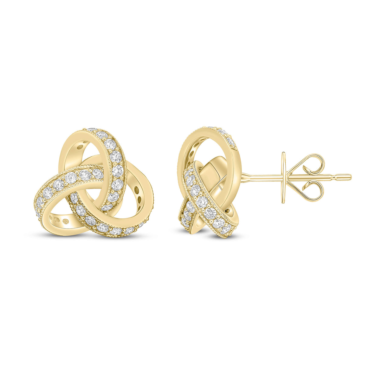 18CT YELLOW GOLD ROUND DIAMOND GRAIN SET KNOT STUD EARRINGS. LARGE