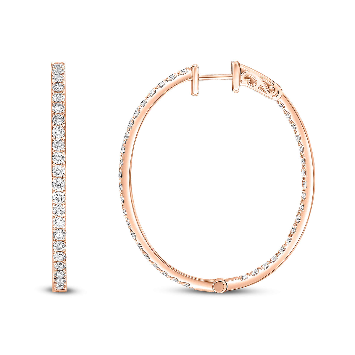 18CT ROSE GOLD ROUND DIAMOND CLAW SET OVAL FULL HOOP EARRINGS. 2.61CT