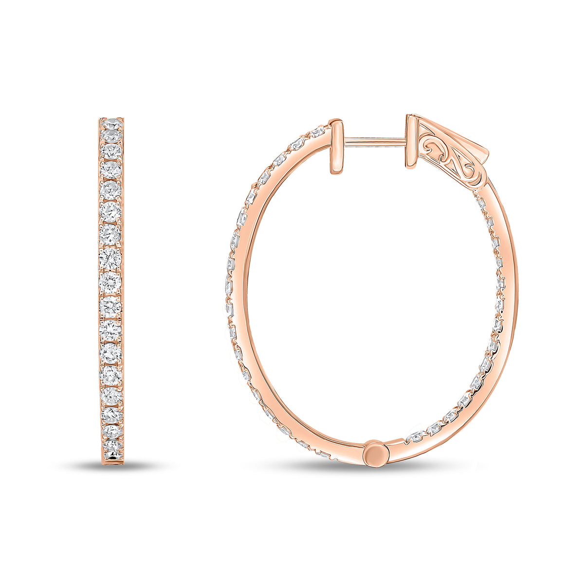 18CT ROSE GOLD ROUND DIAMOND CLAW SET OVAL FULL HOOP EARRINGS. 2.07CT