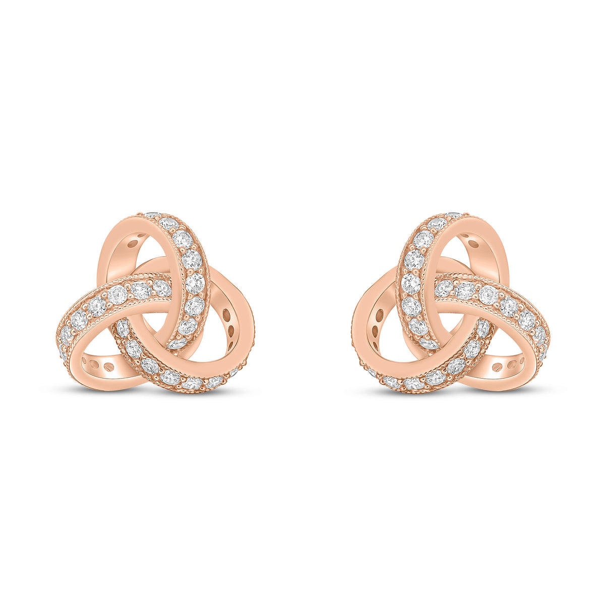 18CT ROSE GOLD ROUND DIAMOND GRAIN SET KNOT STUD EARRINGS. LARGE