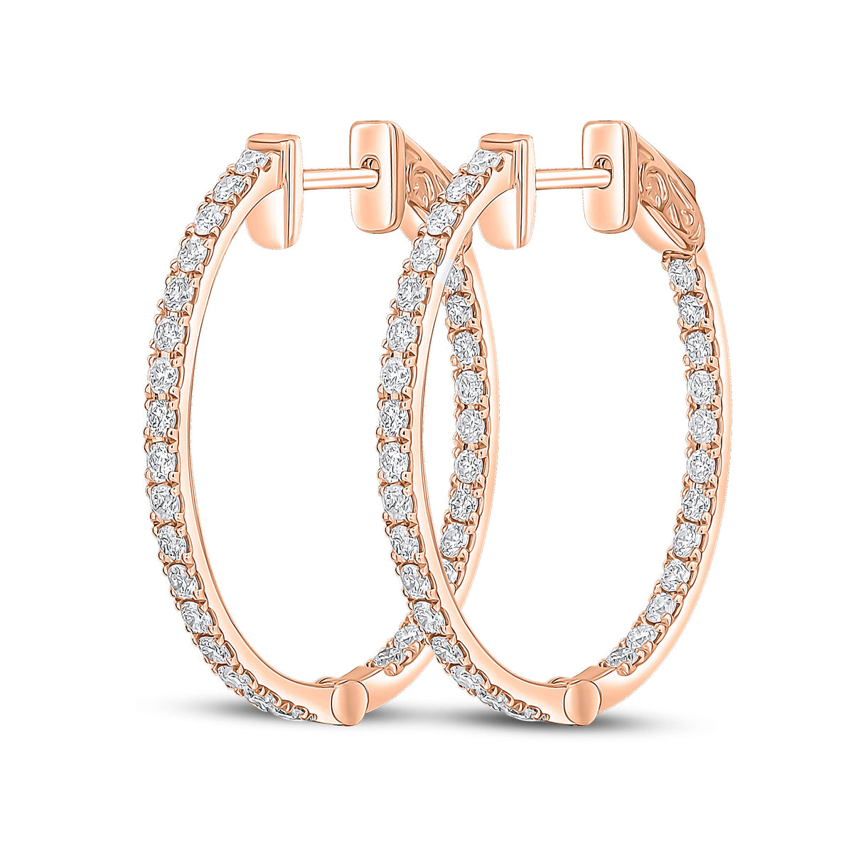 18CT ROSE GOLD ROUND DIAMOND CLAW SET OVAL FULL HOOP EARRINGS. 1CT