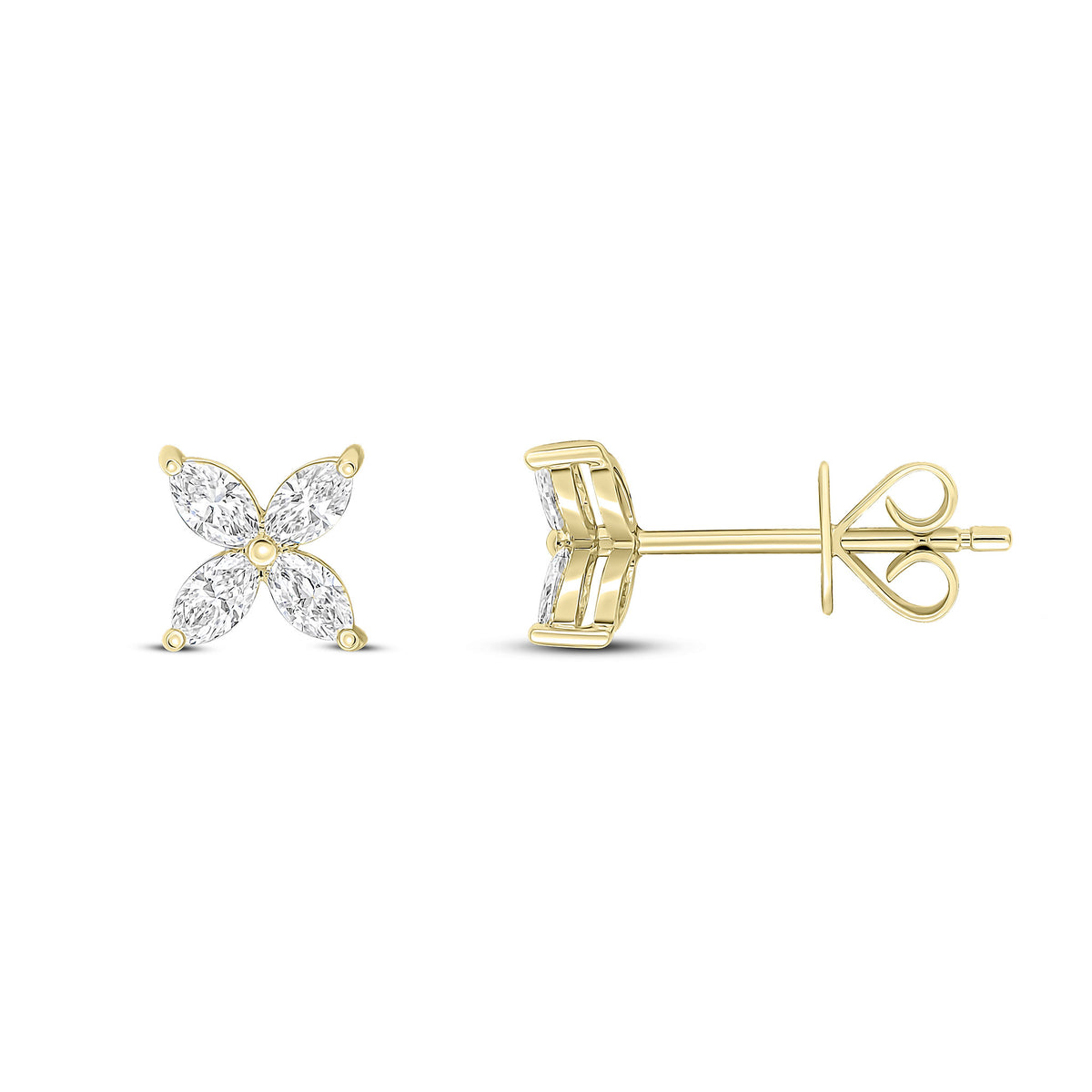 18CT YG MARQUISE DIAMOND 4ST FLOWER CLAW SET EARRINGS