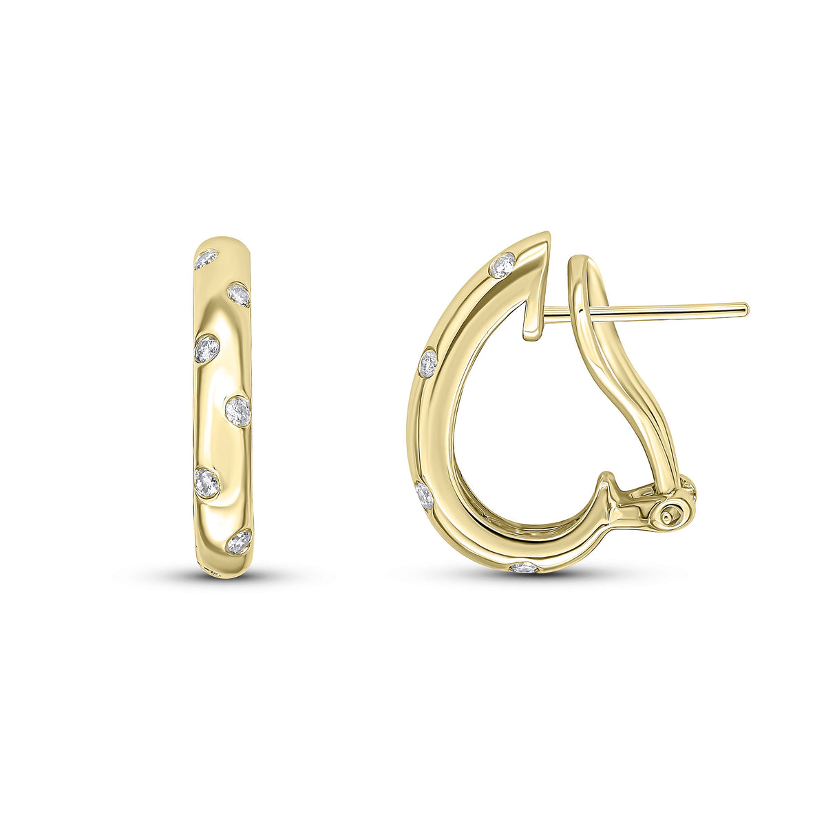 18CT YG ROUND DIMOND FLUSH SET OVAL PEG AND CLIP HALF HOOP EARRINGS