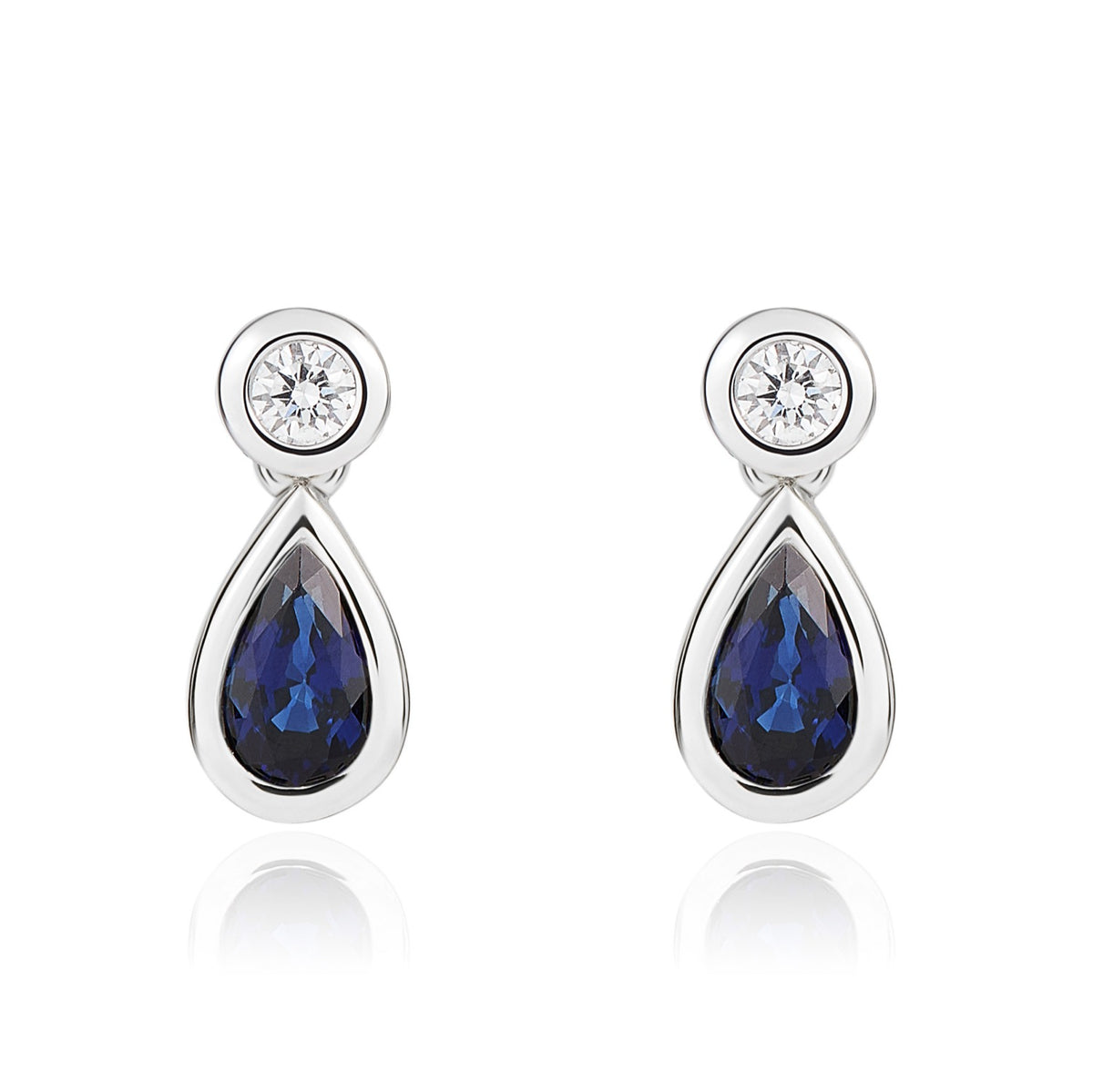 18CT WG PEARSHAPE SAPPHIRE AND ROUND DIAMOND RUBOVER 2ST DROP EARRINGS