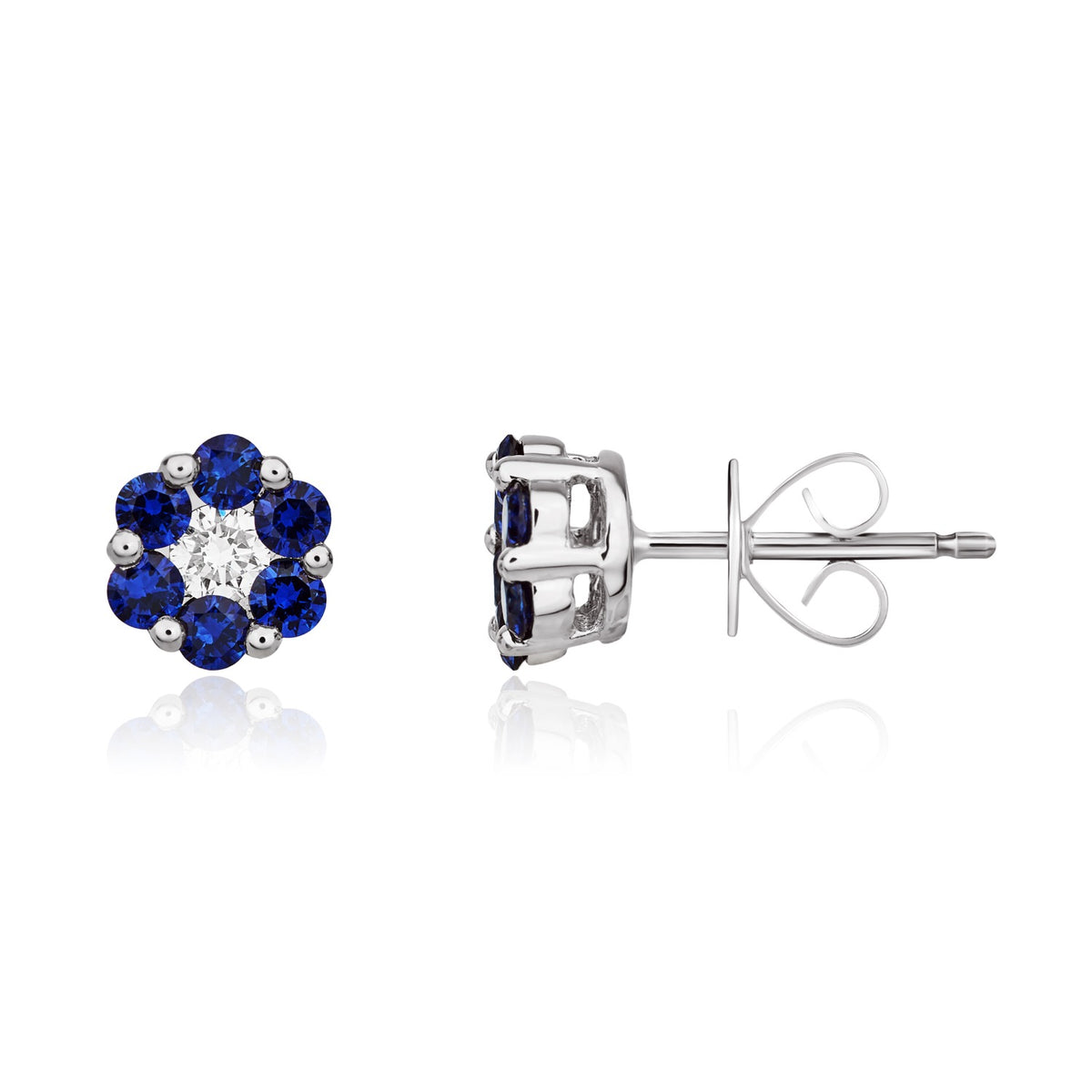 18CT WG SAPPHIRE AND DIAMOND ROUND REVERSE CLUSTER EARRINGS