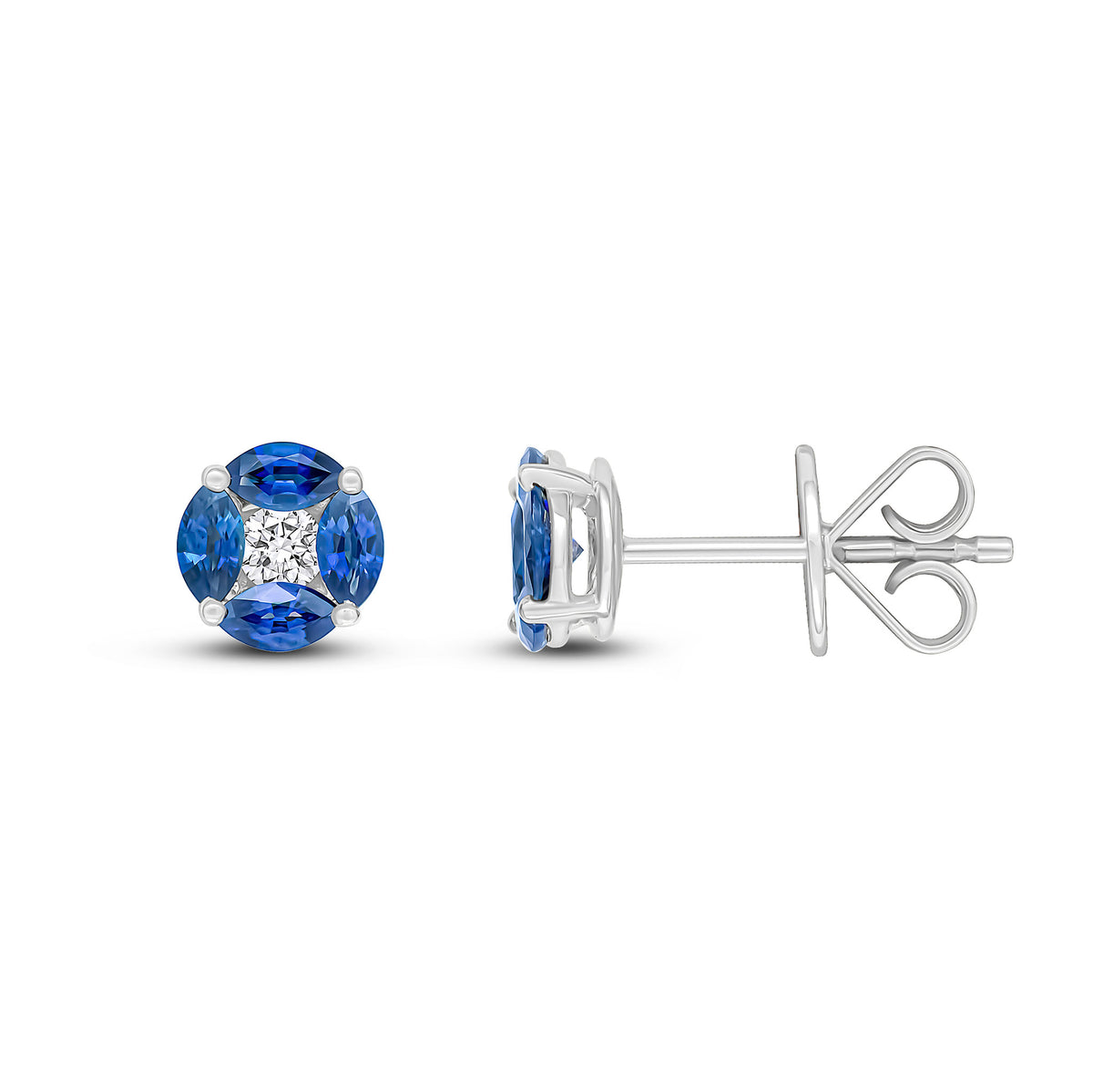 18CT WG MARQUISE SAPPHIRE AND ROUND DIAMOND CLUSTER EARRINGS