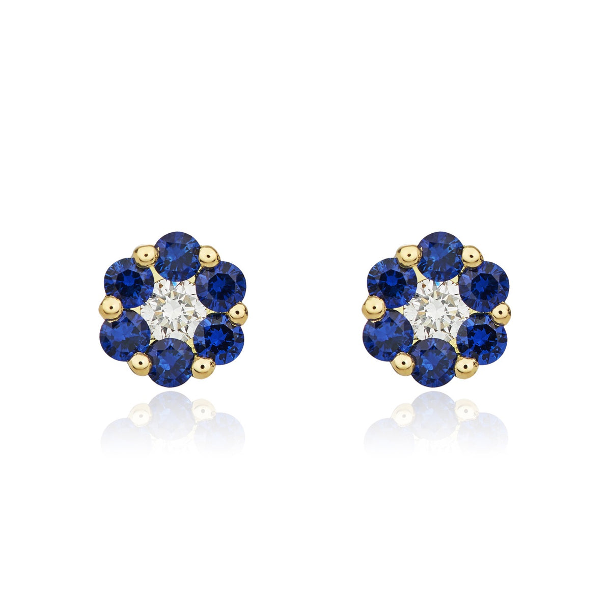 18CT YG SAPPHIRE AND DIAMOND ROUND REVERSE CLUSTER EARRINGS