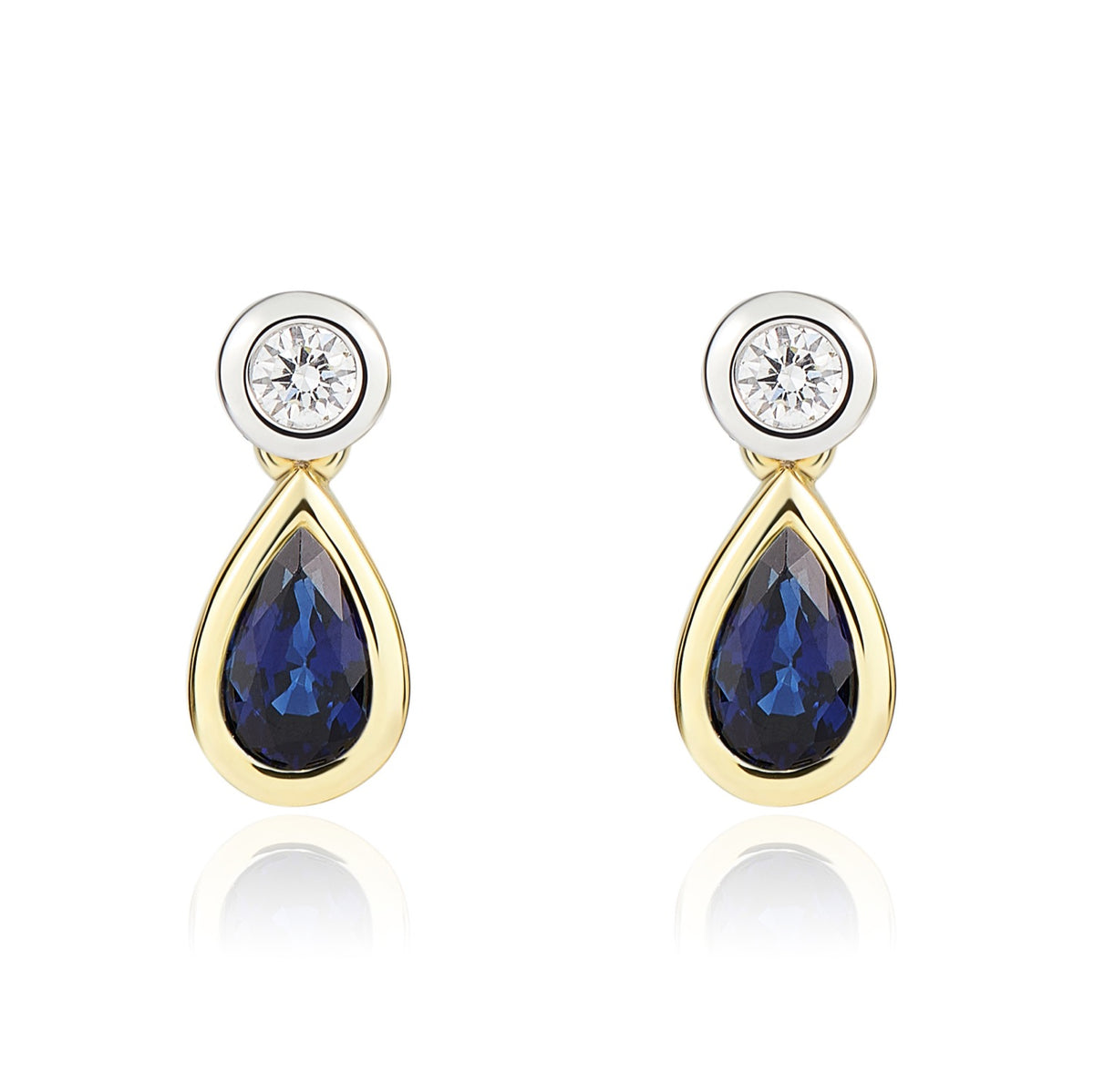 18CT YWG PEARSHAPE SAPPHIRE AND ROUND DIAMOND RUBOVER 2ST DROP EARRINGS