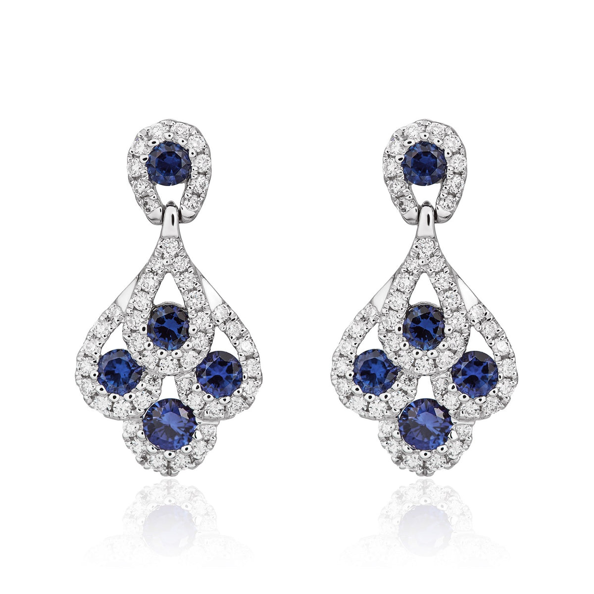 18CT WHITE GOLD ROUND SAPPHIRE & DIAMOND 'PEACOCK' DROP EARRINGS