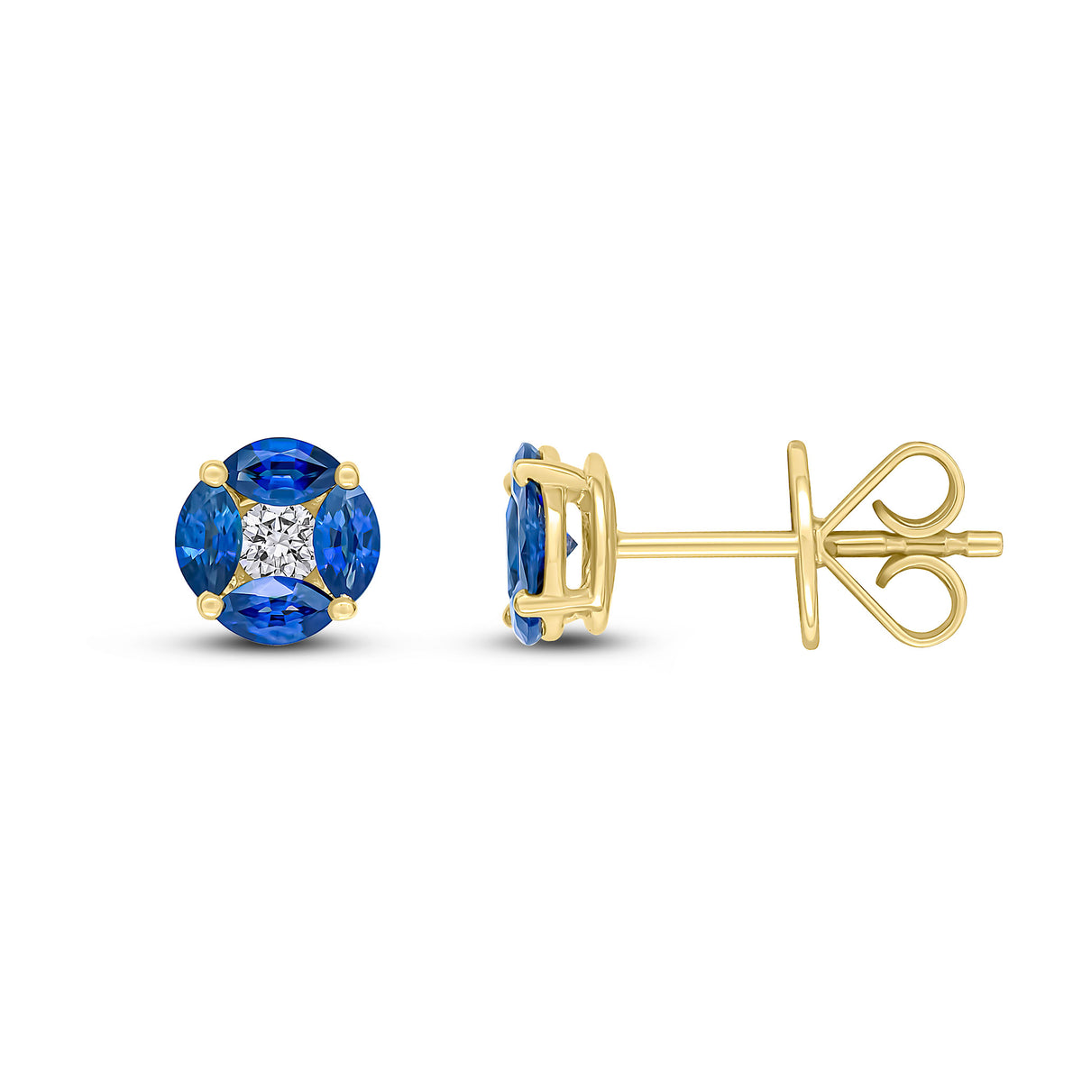 18CT YG MARQUISE SAPPHIRE AND ROUND DIAMOND CLUSTER EARRINGS