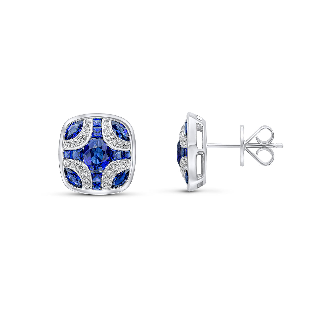 18CT WG SAPPHIRE AND DIAMOND SHIELD STUD EARRINGS