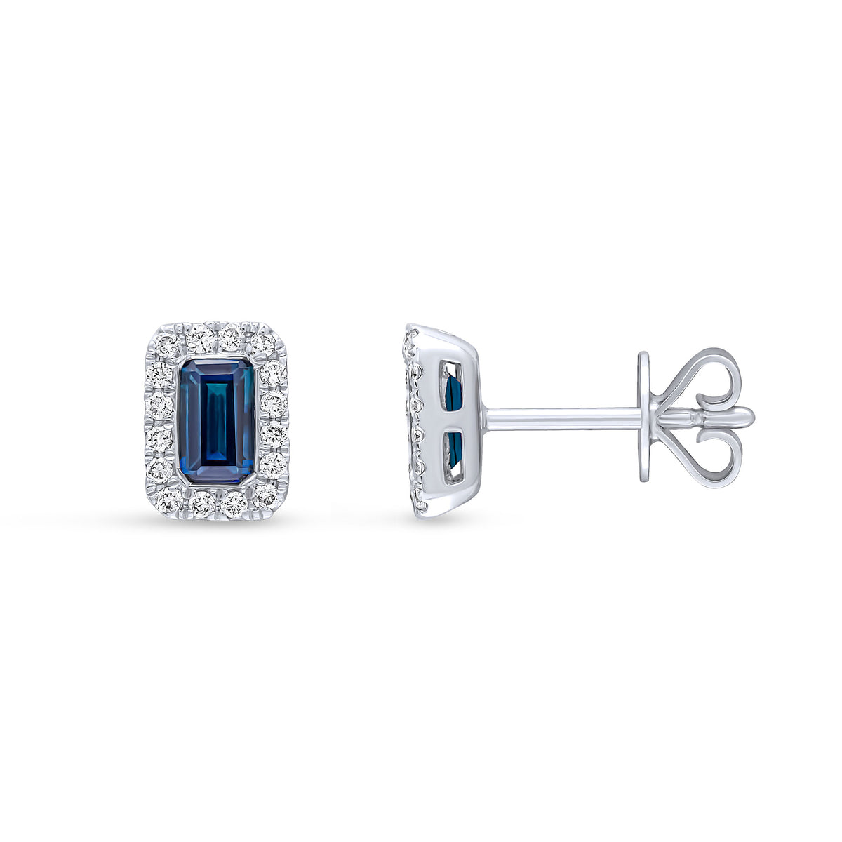 18CT WG 5X3 OCTAGON SAPPHIRE & DIAMOND MICROSET CLUSTER EARRINGS