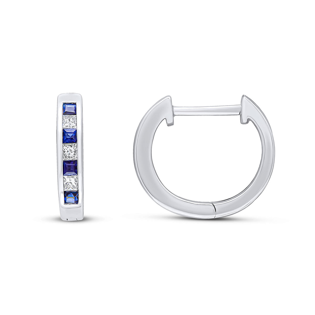 18CT WG SQUARE SAPPHIRE & DIAMOND CHANNEL SET HUGGY EARRINGS