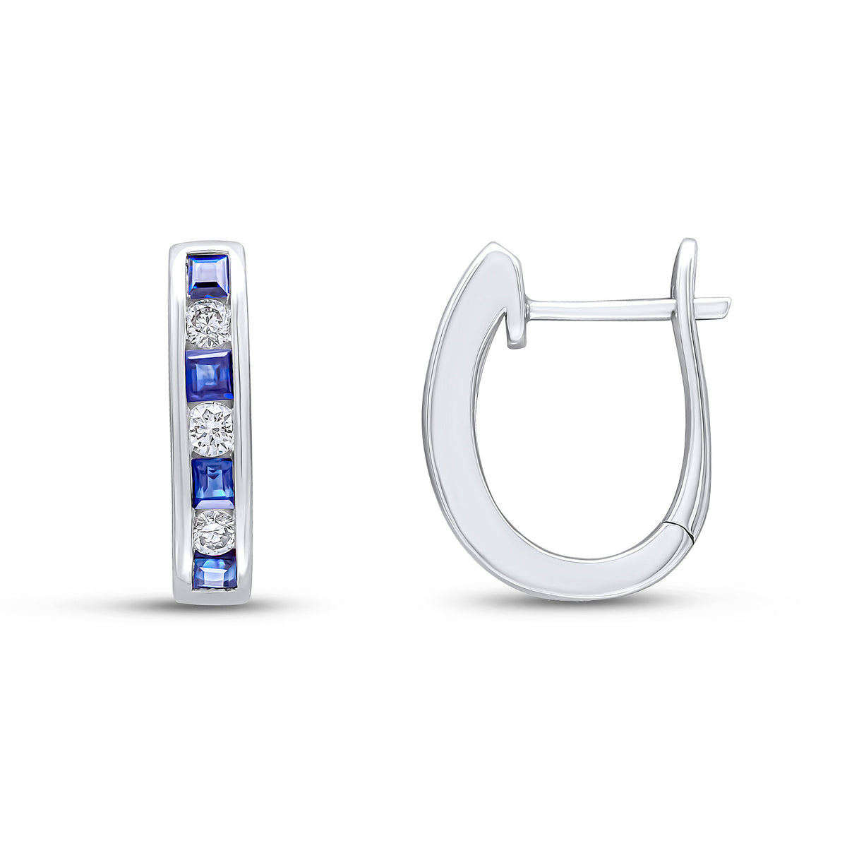 18CT WG SQUARE SAPPHIRE & ROUND DIAMOND OVAL CHANNEL HOOPS