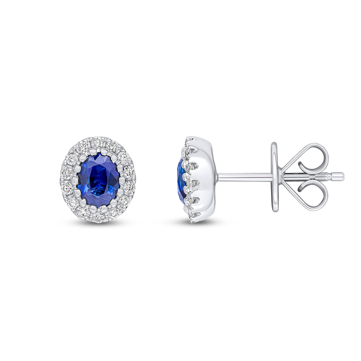18CT WG 5X4 OVAL SAPPHIRE & DIAMOND CLAW SET CLUSTER EARRINGS