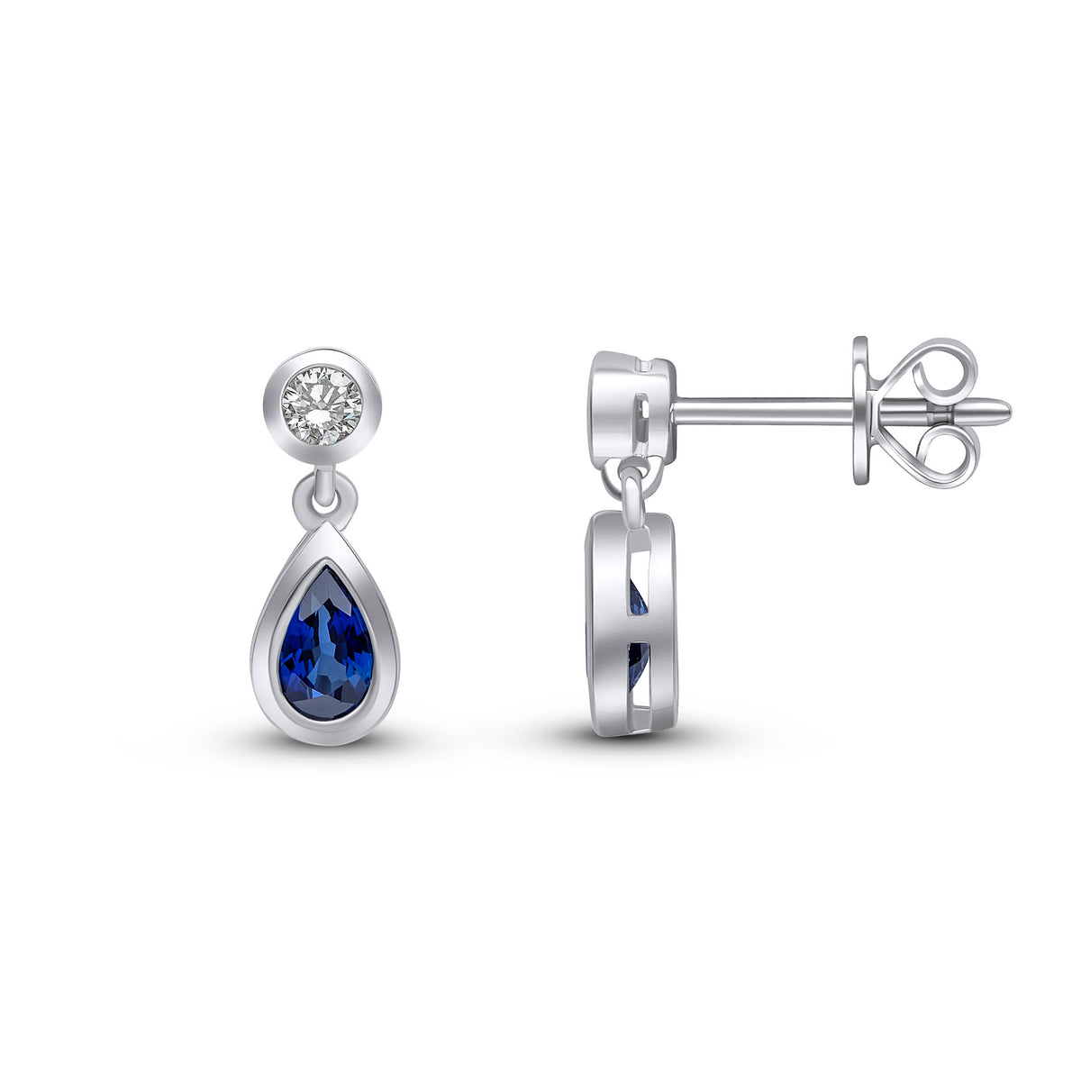 18CT WG PEARSHAPE SAPPHIRE & DIAMOND RUBOVER DROP EARRINGS