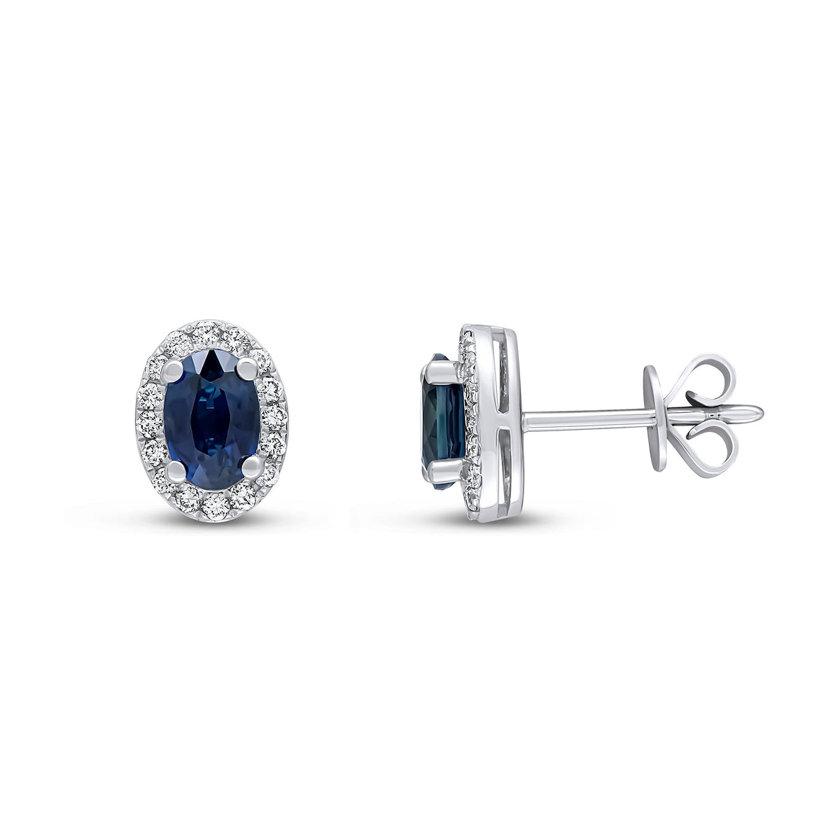 18CT WG 6X4MM OVAL SAPPHIRE & DIAMOND CLAW SET CLUSTER EARRINGS