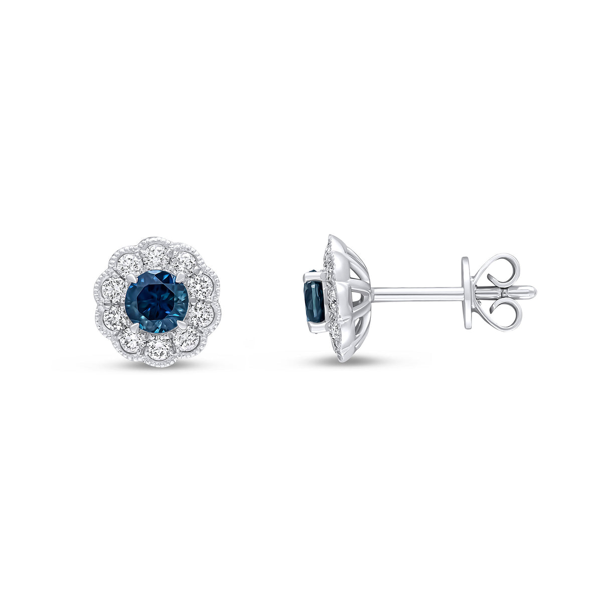 18CT WG ROUND SAPPHIRE & DIAMOND MILLEGRAIN FLOWER CLUSTER EARRINGS