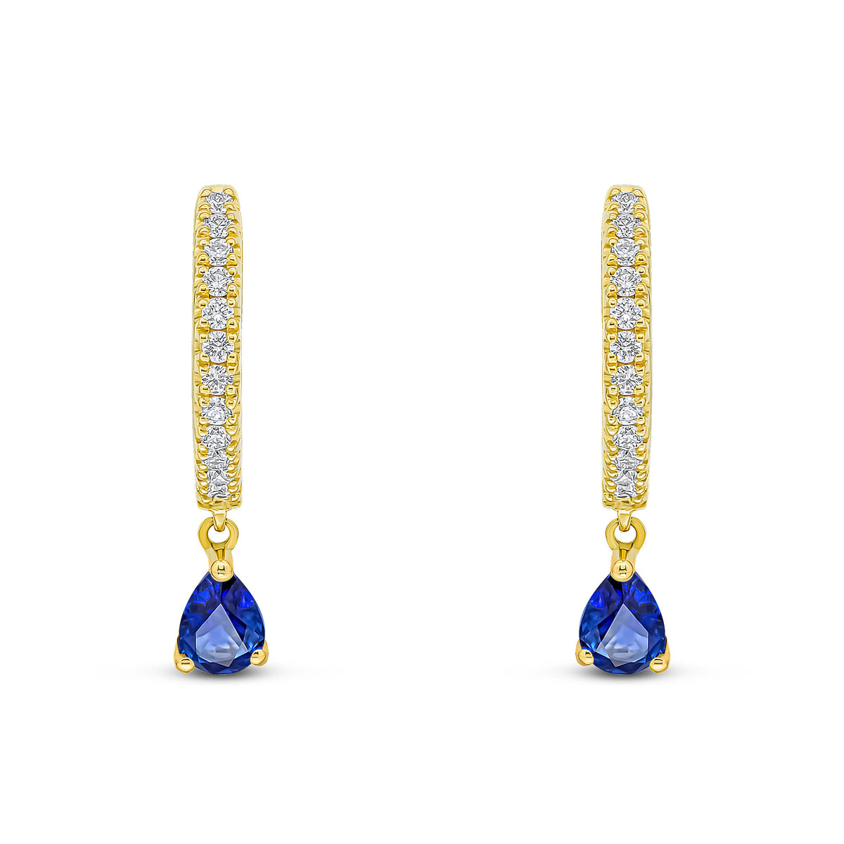 18CT YELLOW GOLD CLAW SET DIAMOND HOOP EARRINGS WITH PEARSHAPE SAPPHIRE DROP