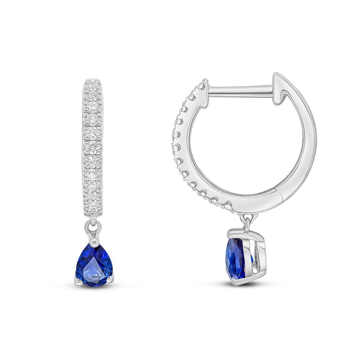 18CT WG CLAW SET DIAMOND HOOP EARRINGS WITH PEARSHAPE SAPPHIRE DROP