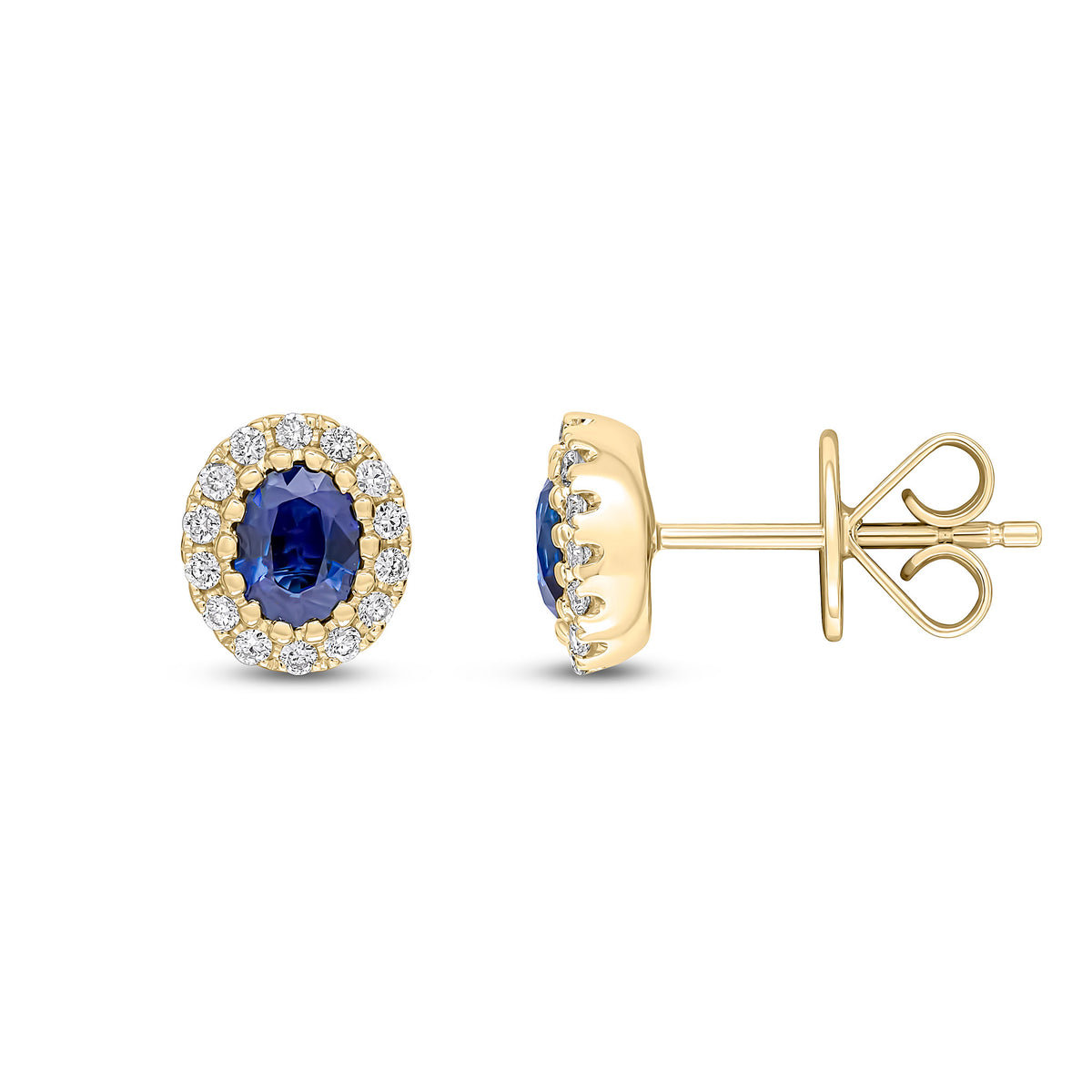 18CT YG 5X4 OVAL SAPPHIRE & DIAMOND CLAW SET CLUSTER EARRINGS