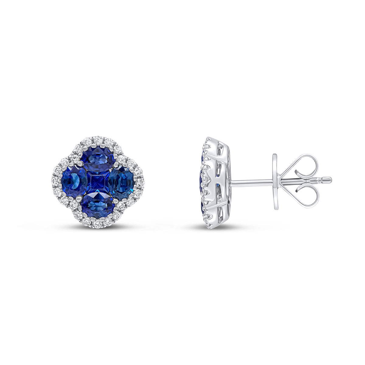 18CT WG OVAL AND SQUARE SAPPHIRE AND DIAMOND CLAW SET QUATREFOIL STUD EARRINGS