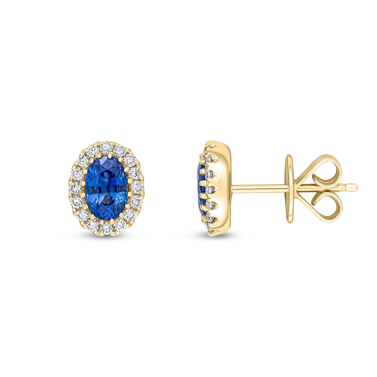 18CT YG 6X4 OVAL SAPPHIRE AND ROUND DIAMOND CLAW CLUSTER EARRINGS