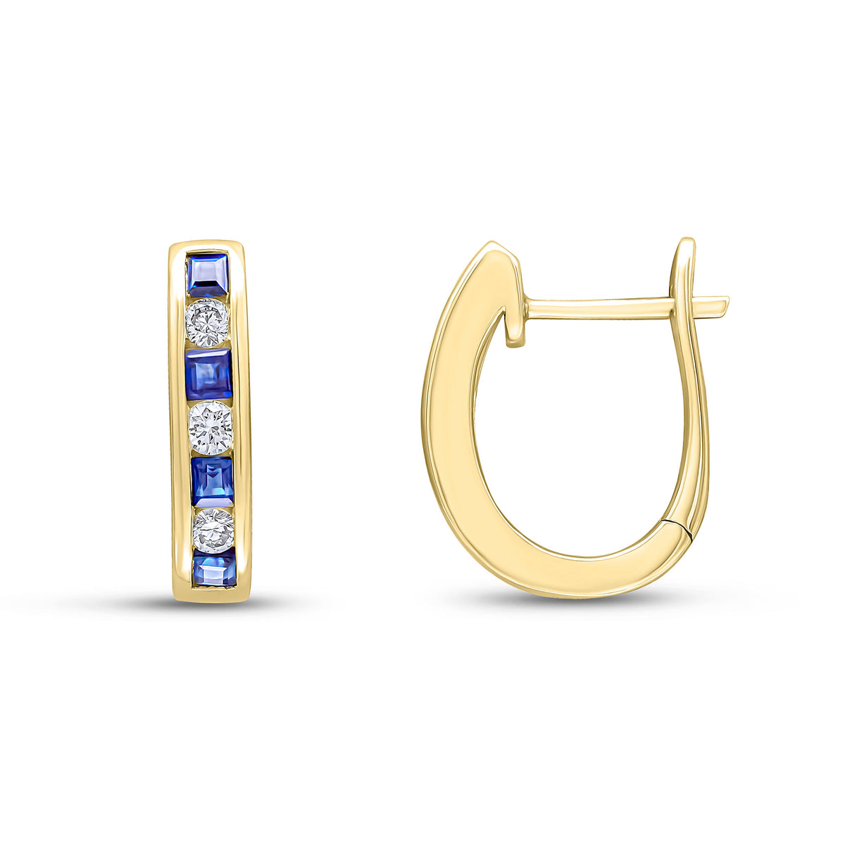 18YG SQUARE SAPPHIRE & ROUND DIAMOND OVAL CHANNEL HOOPS