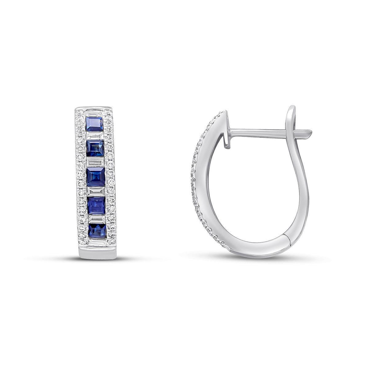 18WG SQUARE SAPPHIRE, BAGUETTE & BRILL DIAMOND OVAL HOOPS