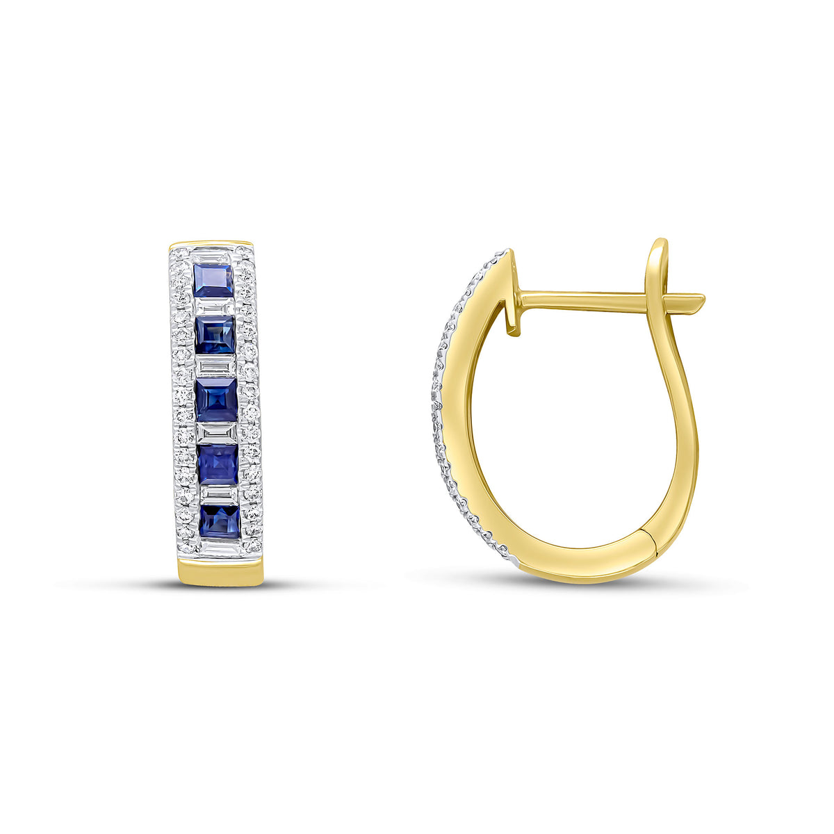 18YG SQUARE SAPPHIRE, BAGUETTE & BRILL DIAMOND OVAL HOOPS