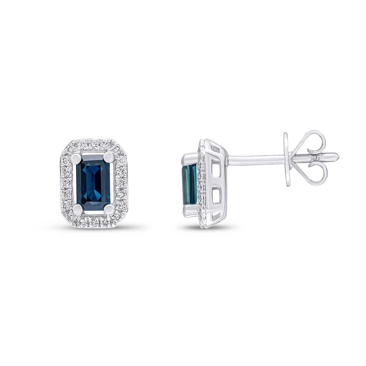 18CT WG OCTAGON SAPPHIRE AND DIAMOND HALO CLUSTER EARRINGS