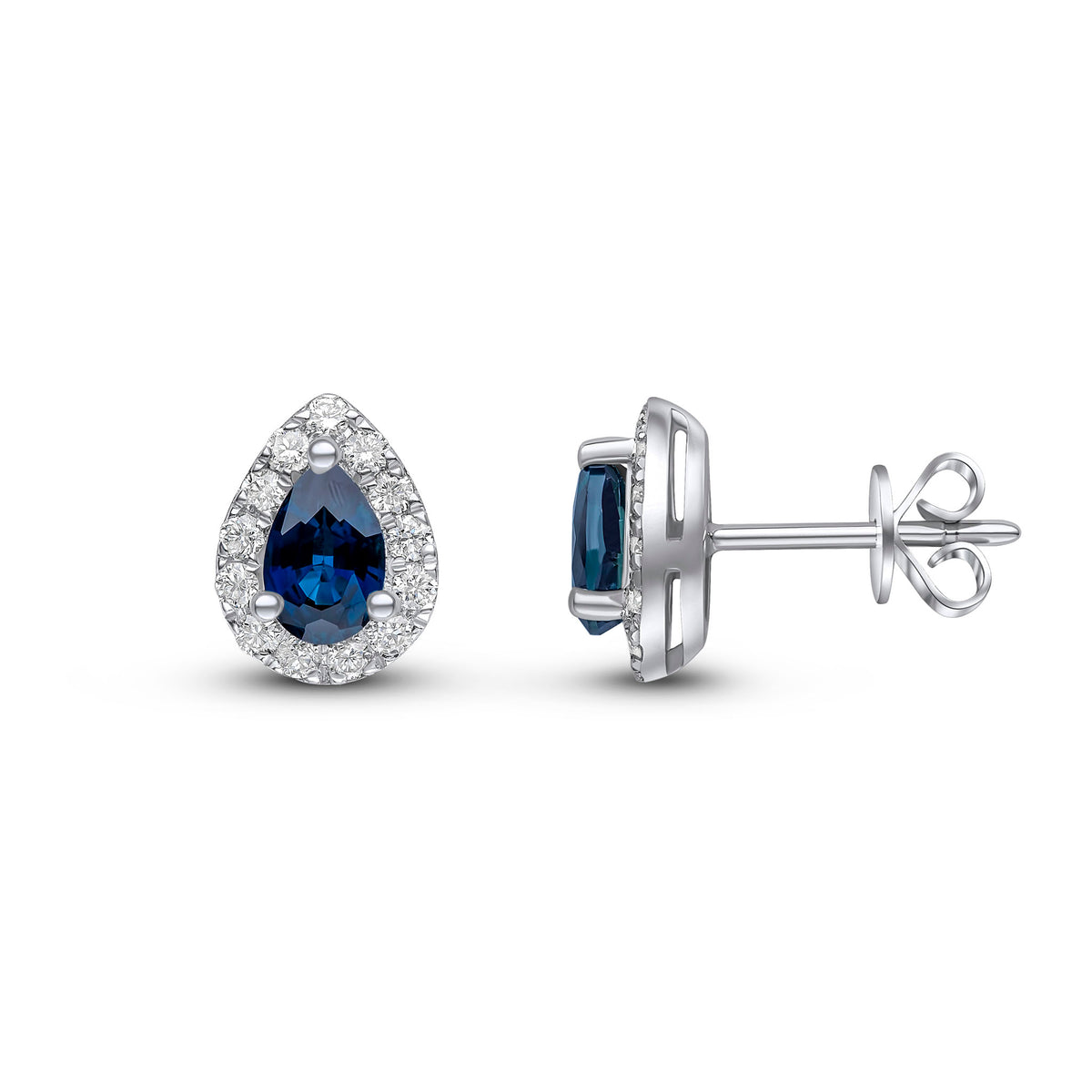 18CT WG 6X4 PEARSHAPE SAPPHIRE AND DIAMOND CLAW CLUSTER EARRINGS