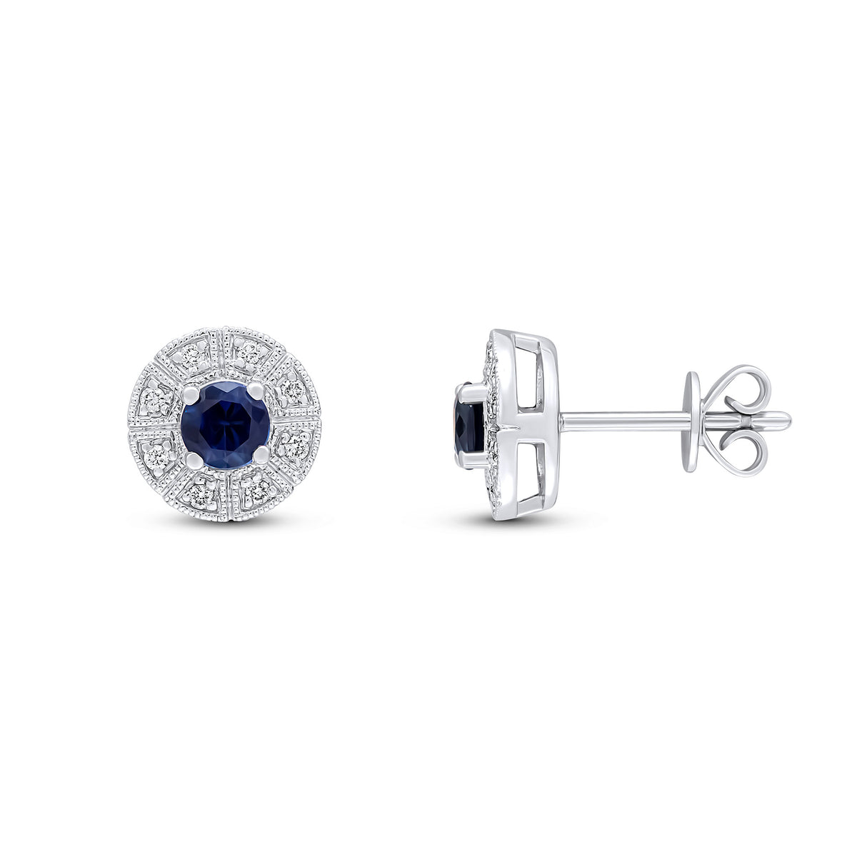 18CT WHITE GOLD ROUND SAPPHIRE AND DIAMOND FANCY MILLEGRAIN CLUSTER EARRINGS
