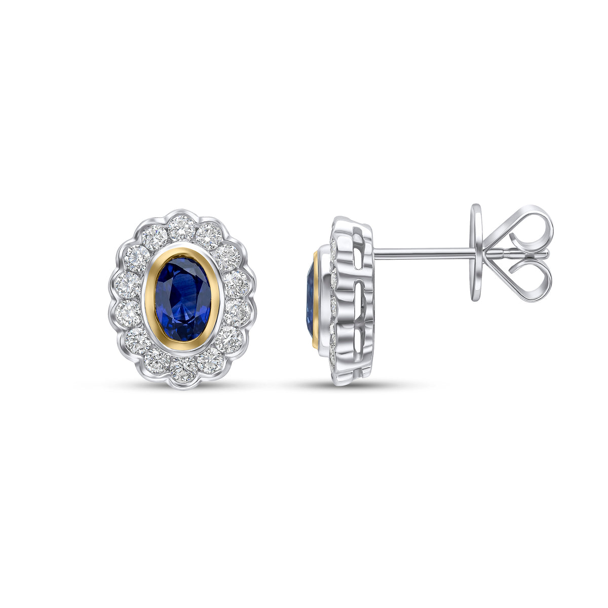 18CT YWG OVAL SAPPHIRE AND ROUND DIAMOND RUBOVER CLUSTER EARRINGS