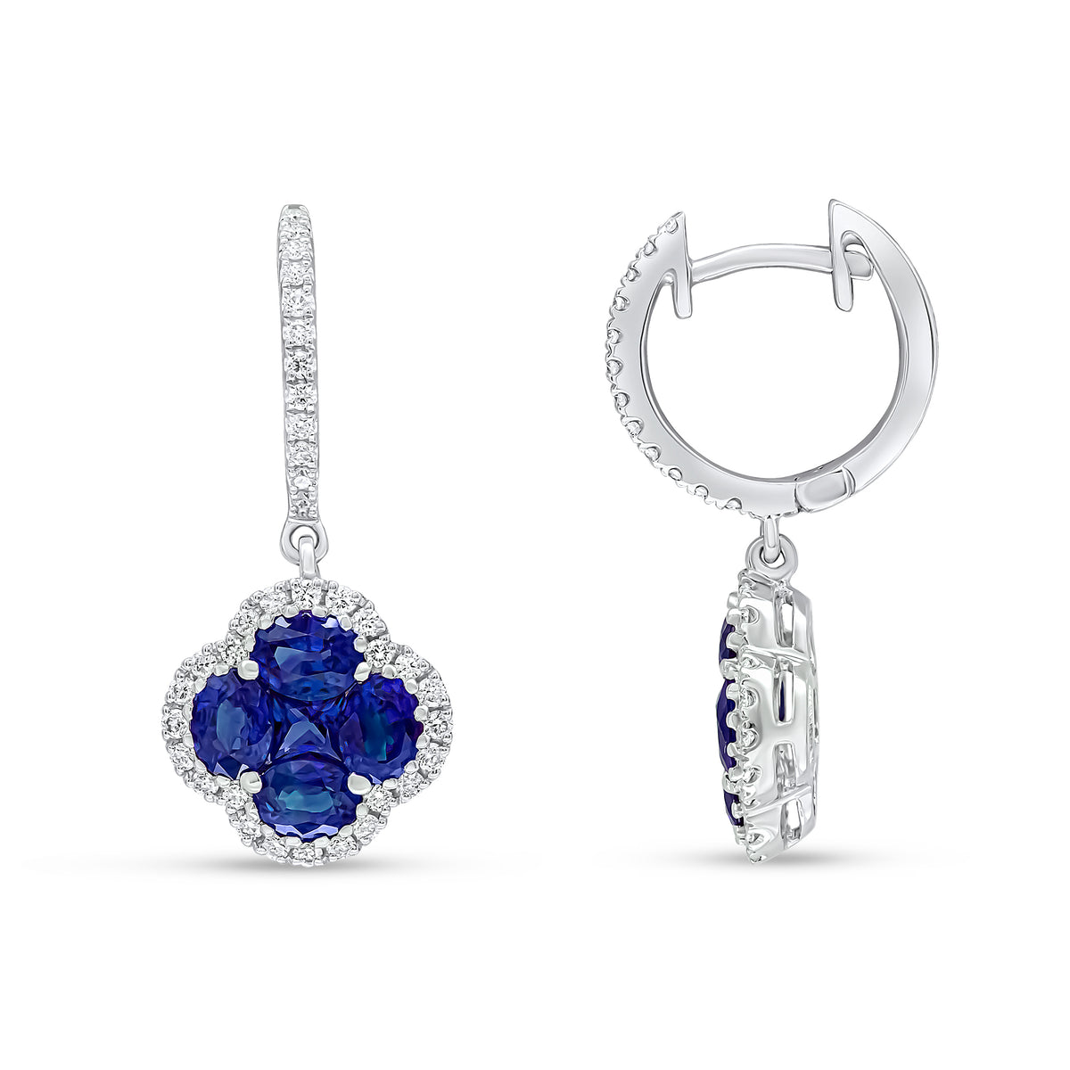 18CT WHITE GOLD SAPPHIRE AND DIAMOND QUATREFOIL CLUSTER ON DIAMOND BAR DROP EARRINGS
