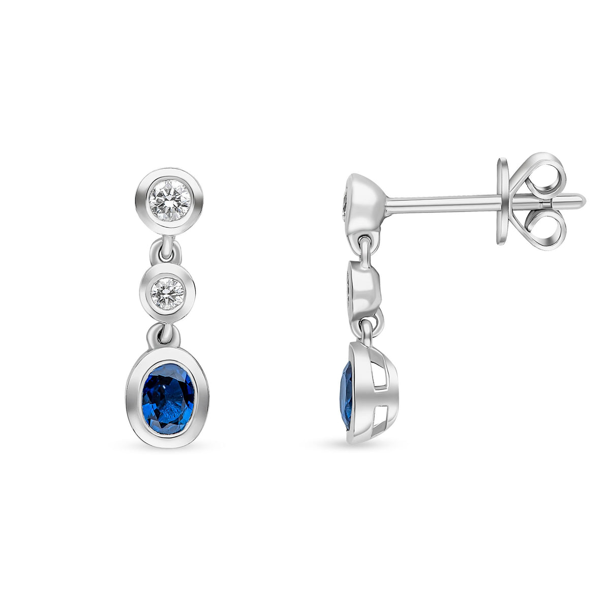 18CT WG OVAL SAPPHIRE AND ROUND DIAMOND 3ST RUBOVER DROP EARRINGS