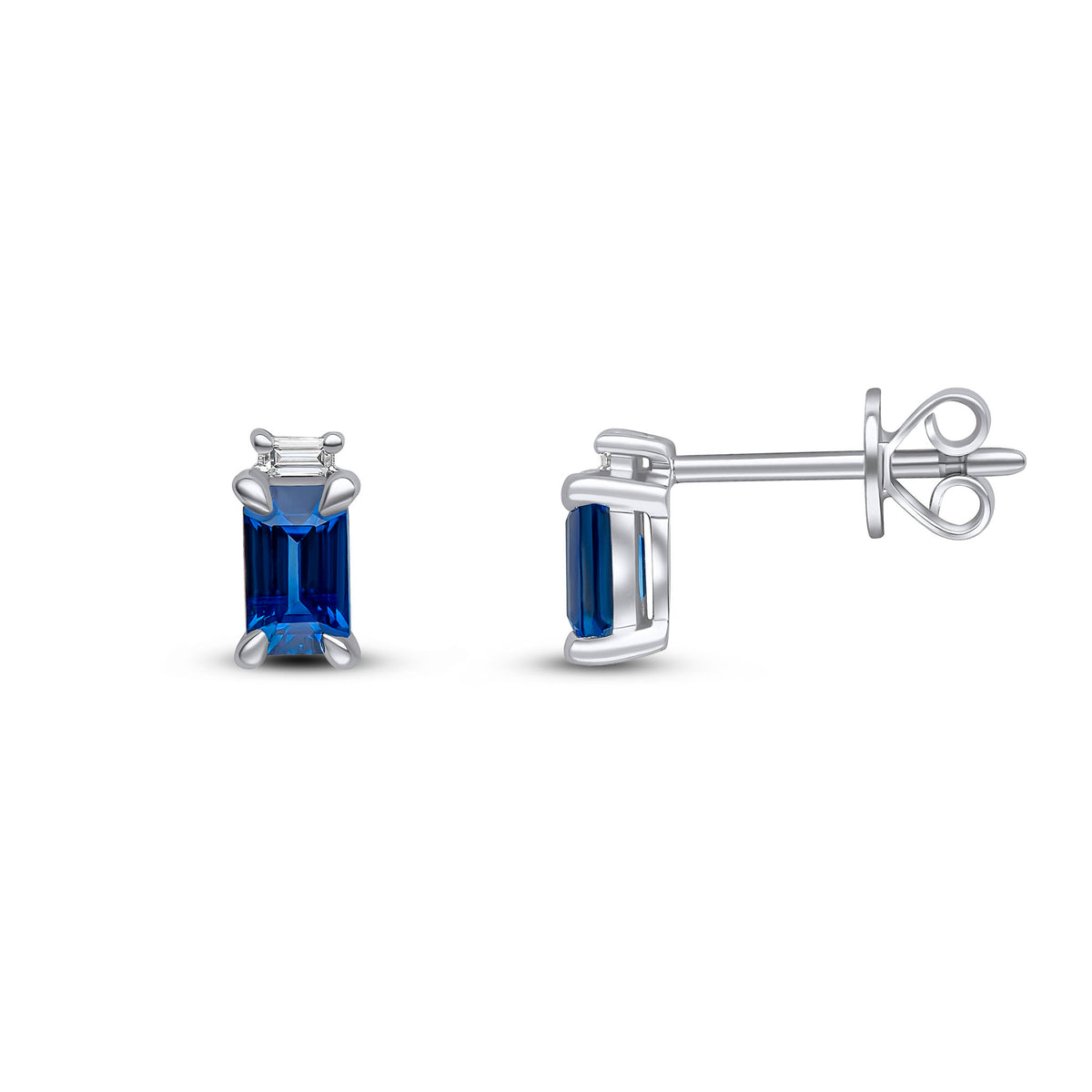 18CT WG 5X3 OCTAGON SAPPHIRE & BAGUETTE DIAMOND 2ST EARRINGS