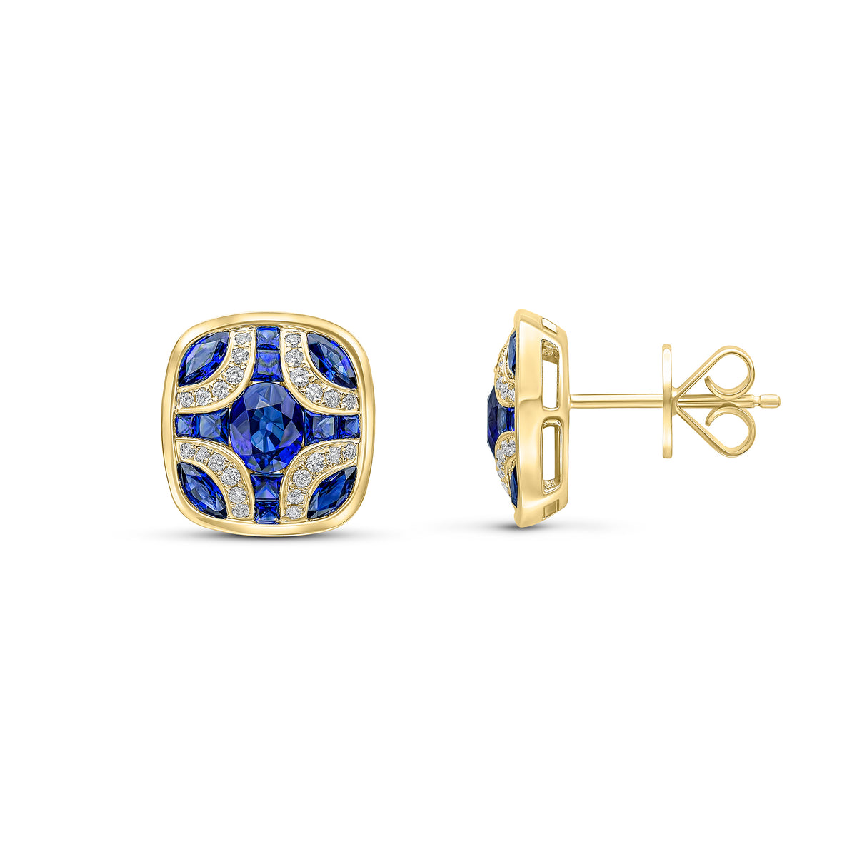 18CT YG SAPPHIRE AND DIAMOND SHIELD STUD EARRINGS