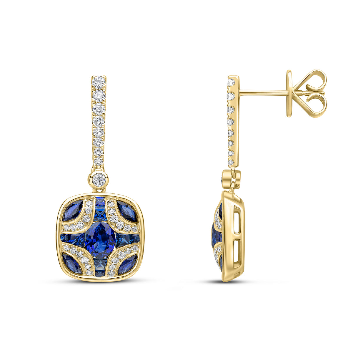 18CT YG SAPPHIRE AND DIAMOND SHIELD & DIAMOND LINE TOP DROP EARRINGS