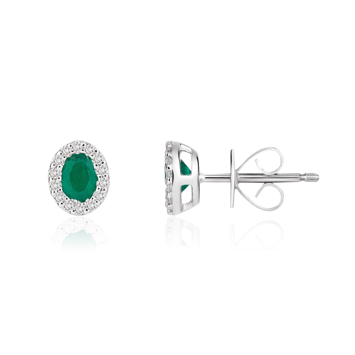 18CT WG 4X3 OVAL EMERALD & DIAMOND MICROSET CLUSTER EARRINGS