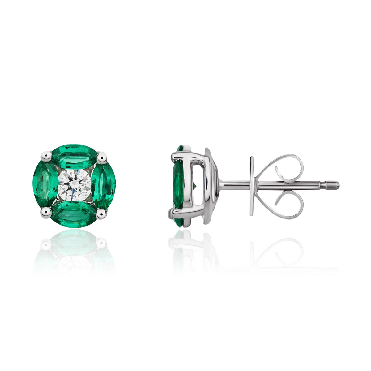 18CT WG MARQUISE EMERALD AND ROUND DIAMOND CLUSTER EARRINGS