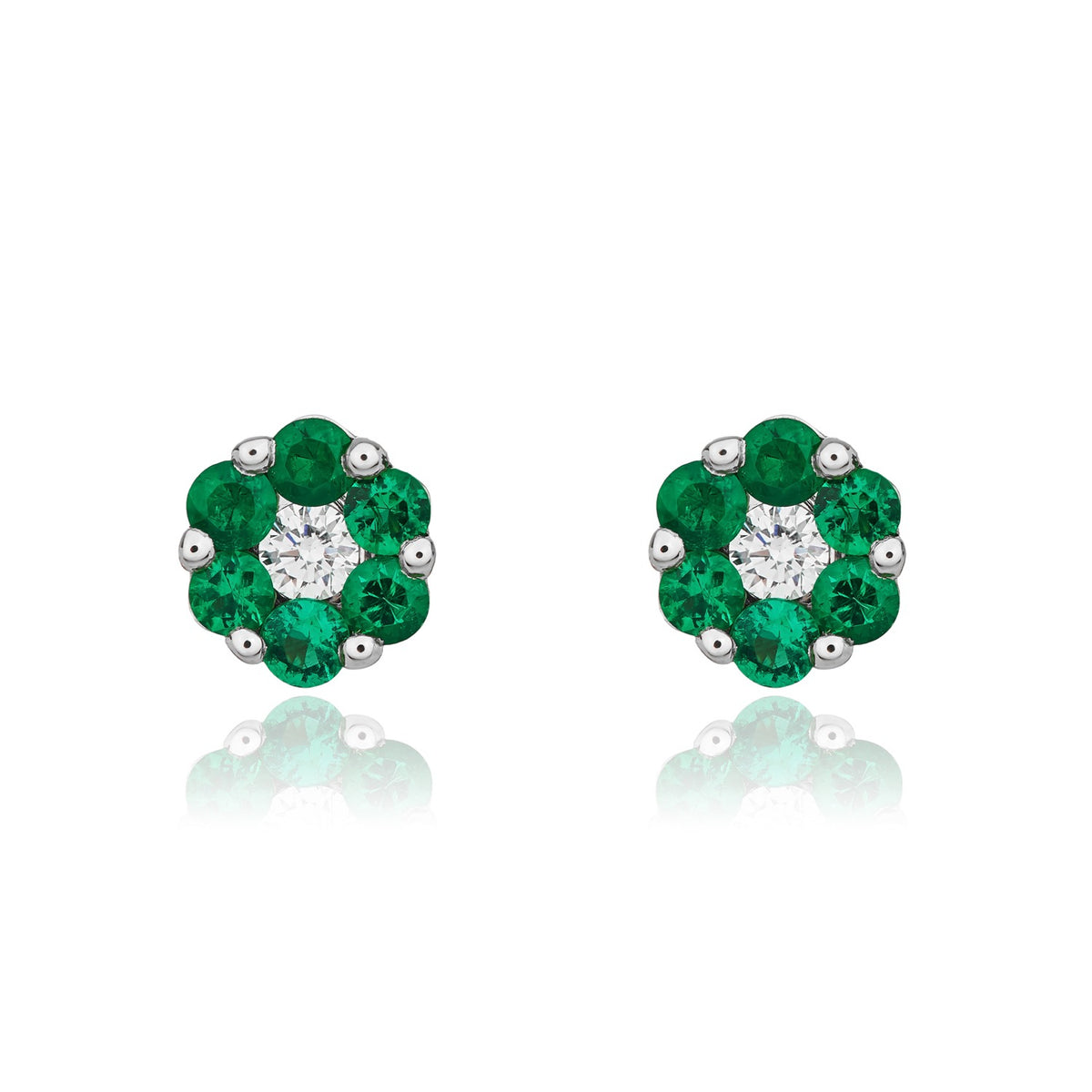 18CT WG EMERALD AND DIAMOND ROUND REVERSE CLUSTER EARRINGS