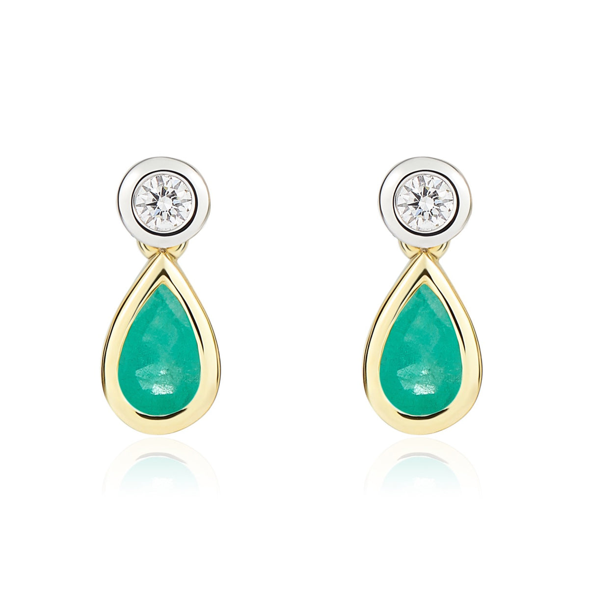 18CT YWG PEARSHAPE EMERALD AND ROUND DIAMOND RUBOVER 2ST DROP EARRINGS