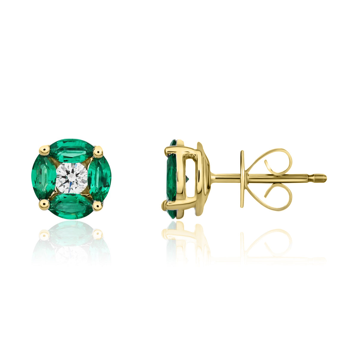 18CT YG MARQUISE EMERALD AND ROUND DIAMOND CLUSTER EARRINGS