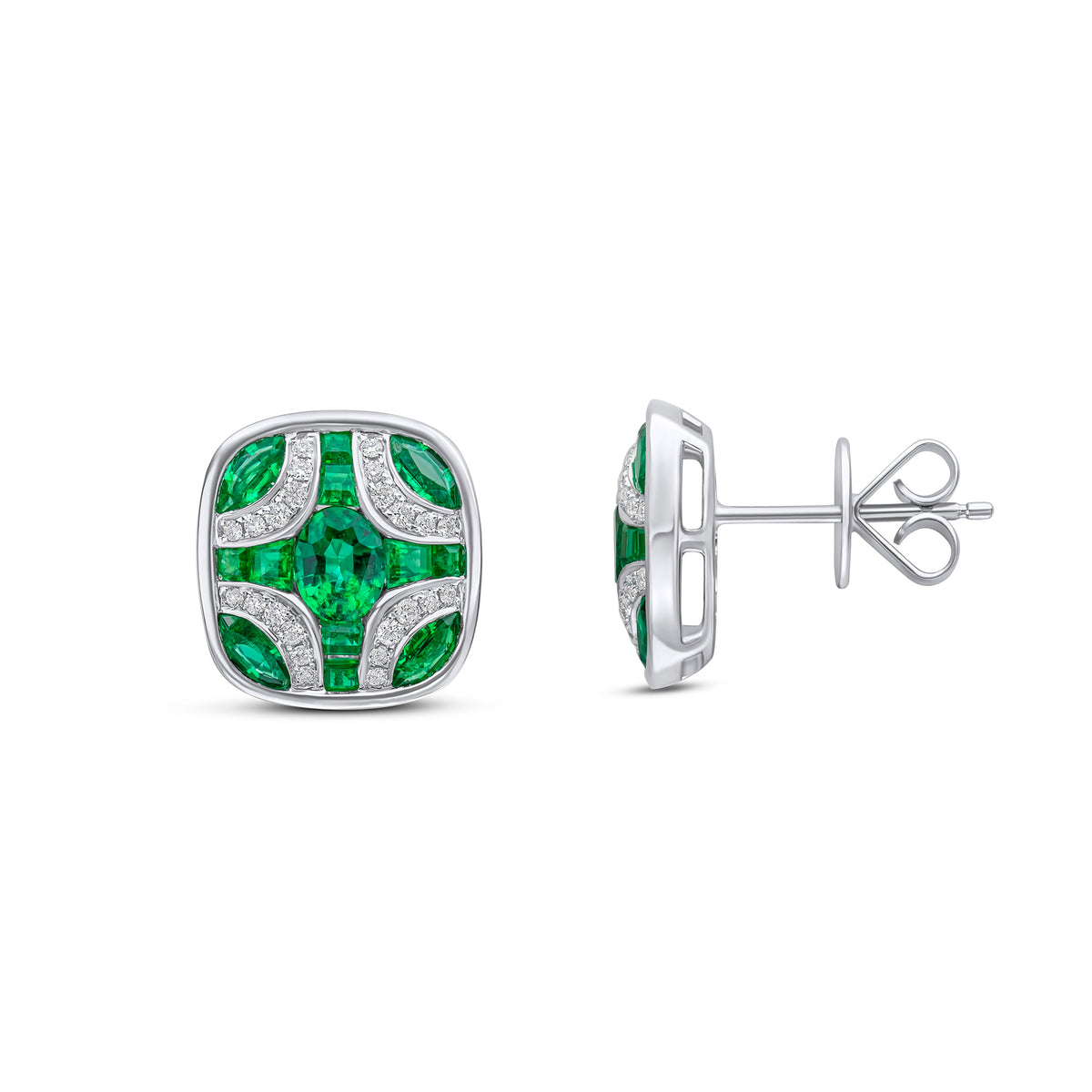 18CT WG EMERALD AND DIAMOND SHIELD STUD EARRINGS